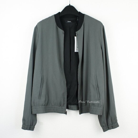 NWT Theory Front Zip Bomber Jacket, Thyme Green– Minimalist Lightweight Layer - Picture 3 of 14